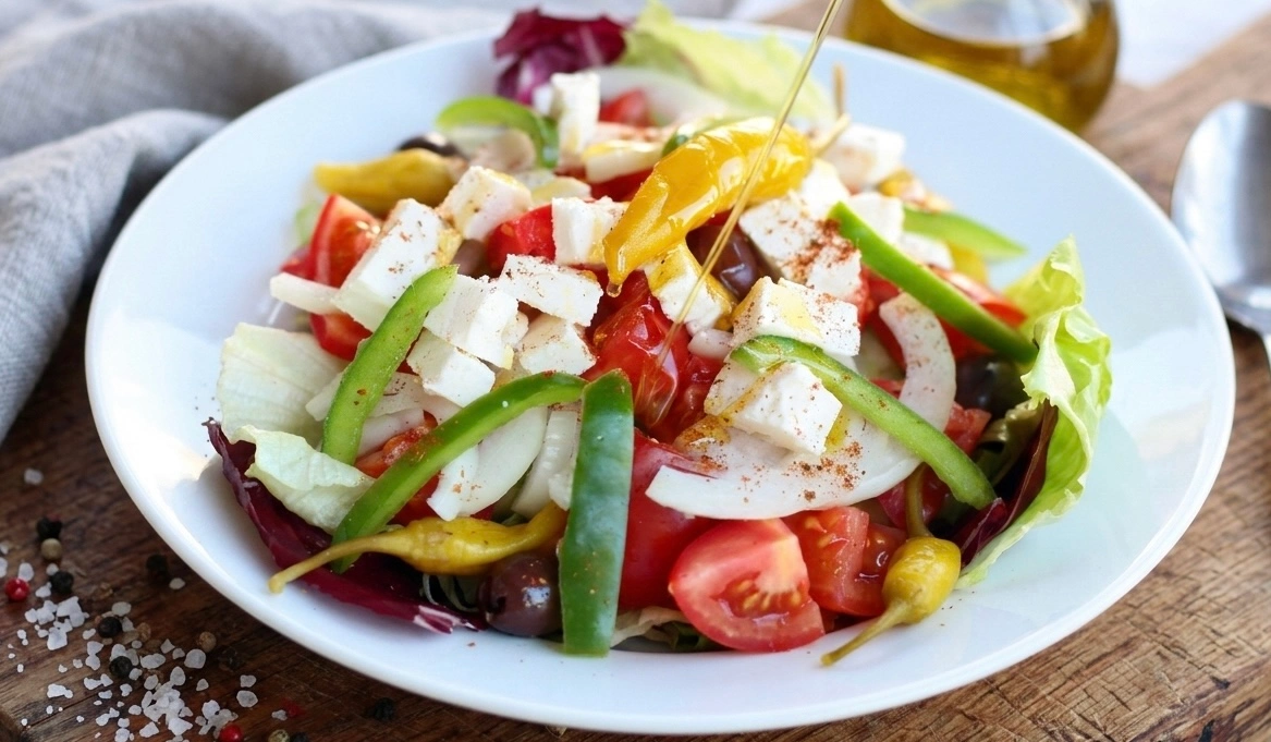 Griechischer Bauernsalat mit Feta, Oliven und frischem Gemüse